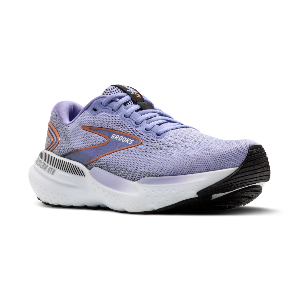 Women's Brooks Glycerin GTS 21. Light Purple upper. White midsole. Lateral view.