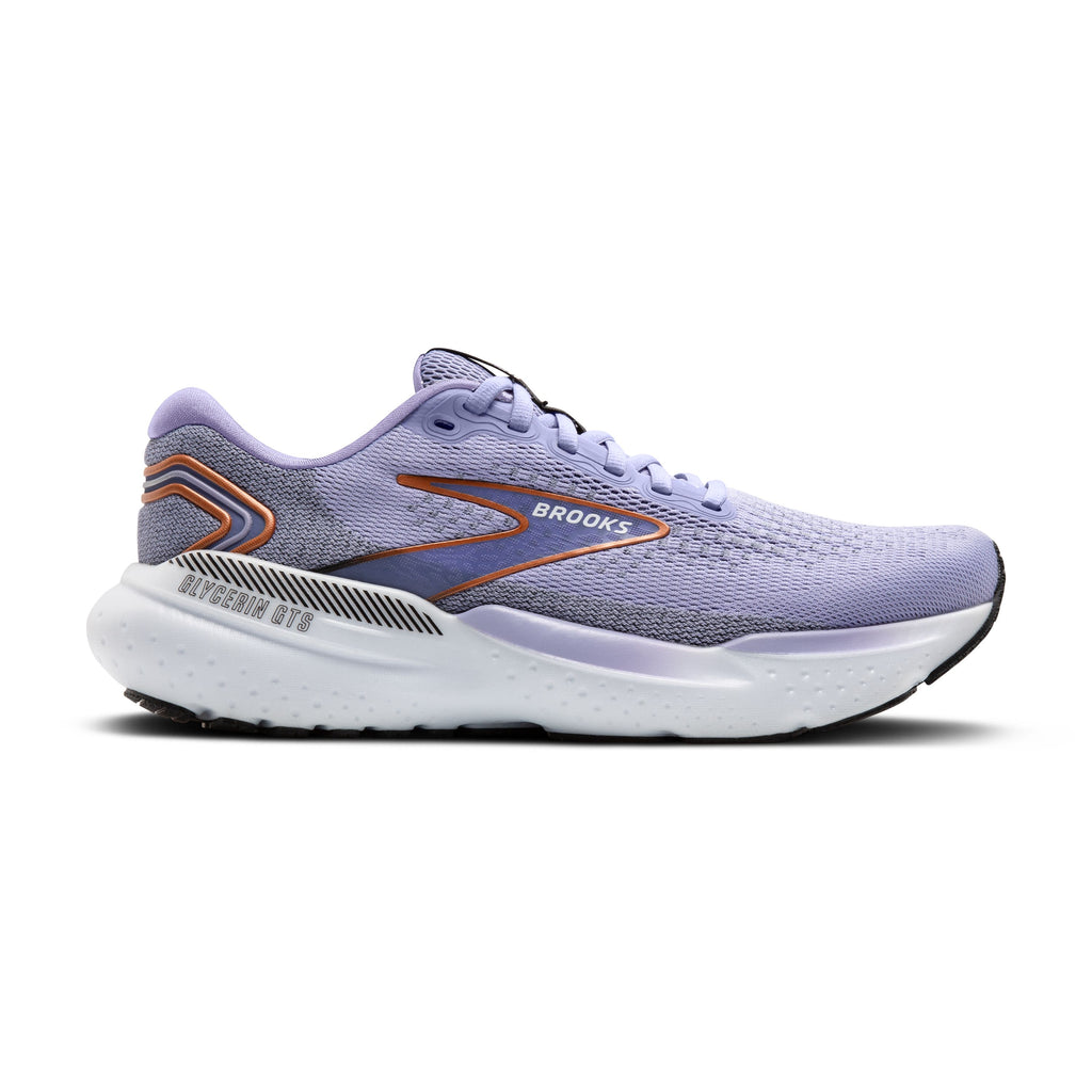 Women's Brooks Glycerin GTS 21. Light Purple upper. White midsole. Lateral view.