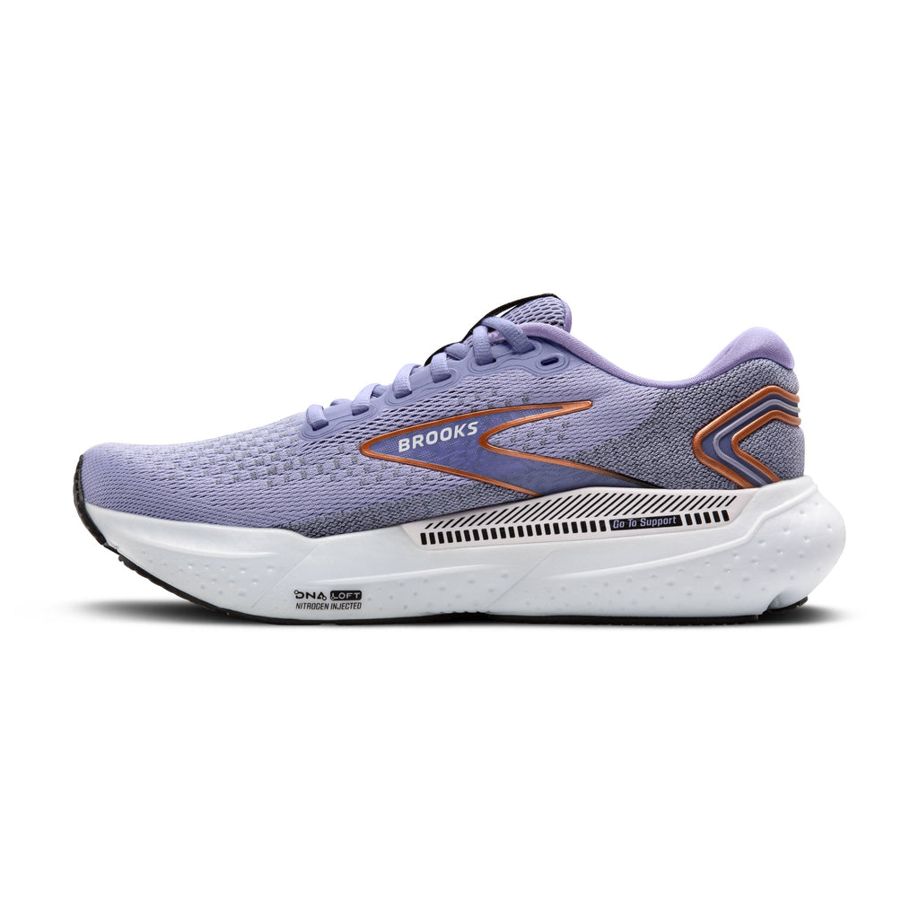 Women's Brooks Glycerin GTS 21. Light Purple upper. White midsole. Medial view.