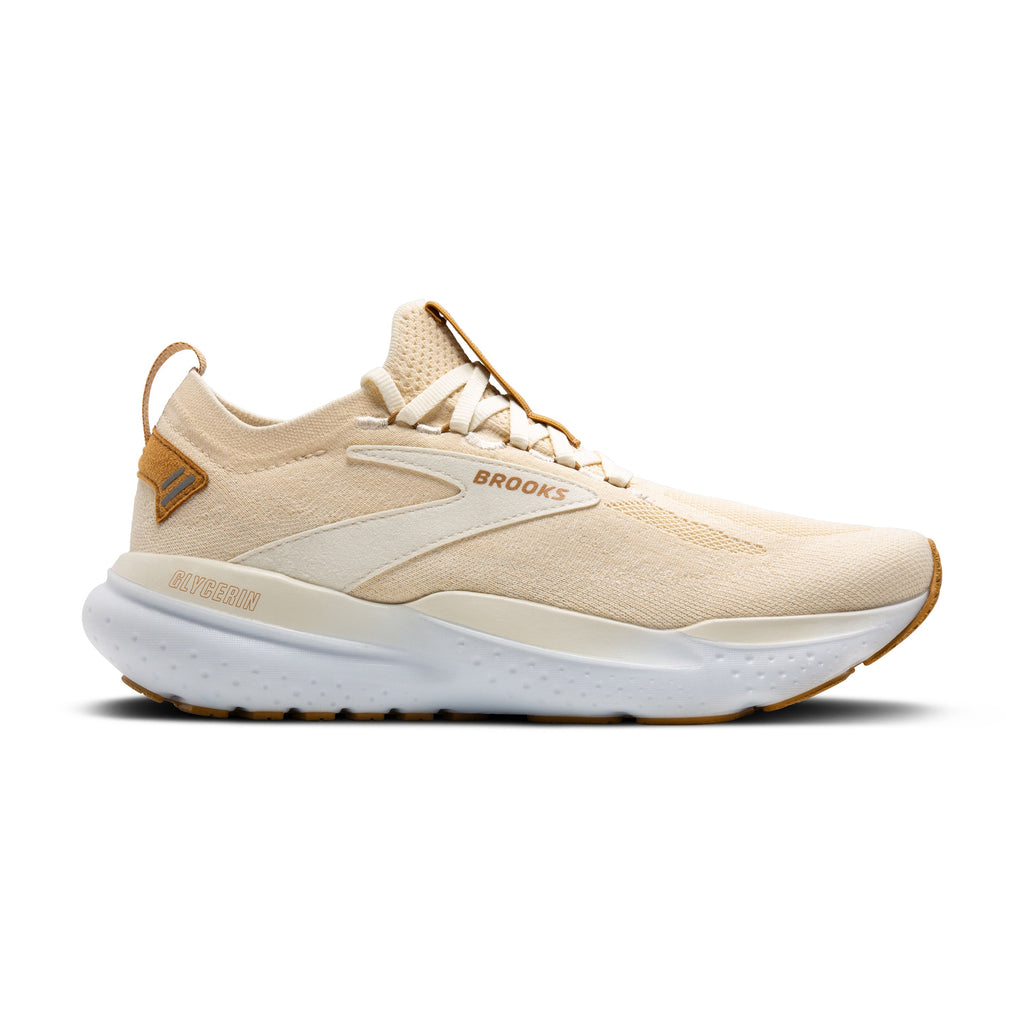 Women's Brooks Glycerin Stealthfit 21. Cream upper. White midsole. Lateral view.