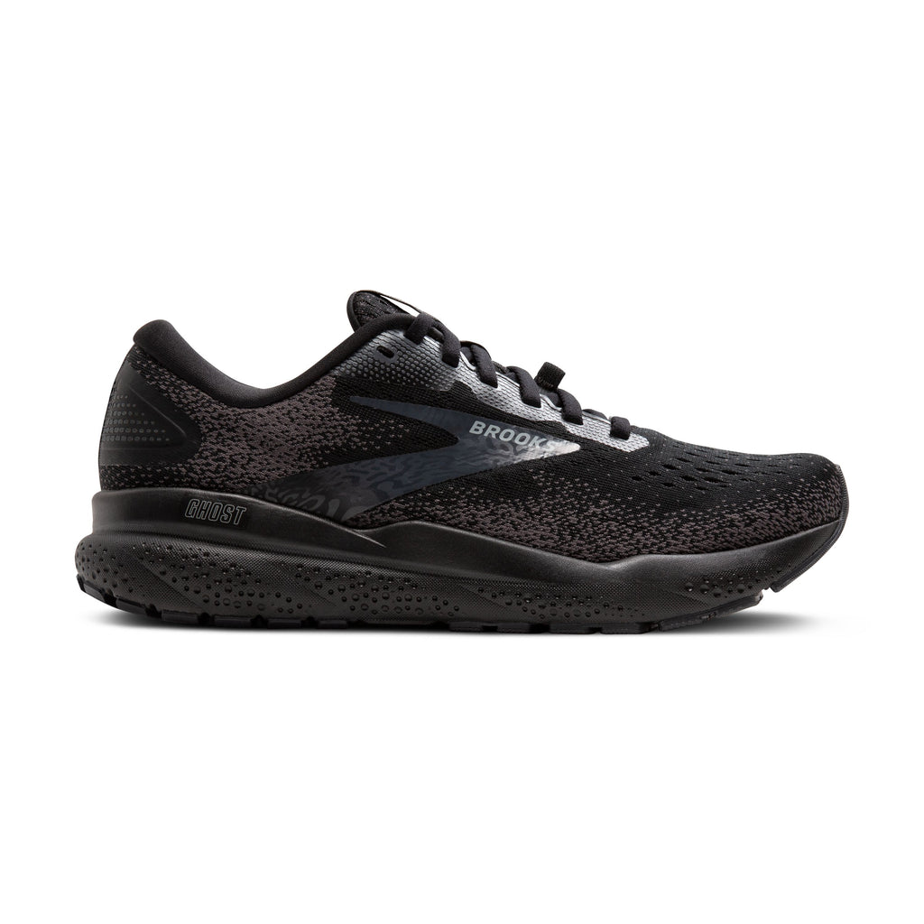 Women's Brooks Ghost 16 GTX. Black upper. Black midsole. Lateral view.