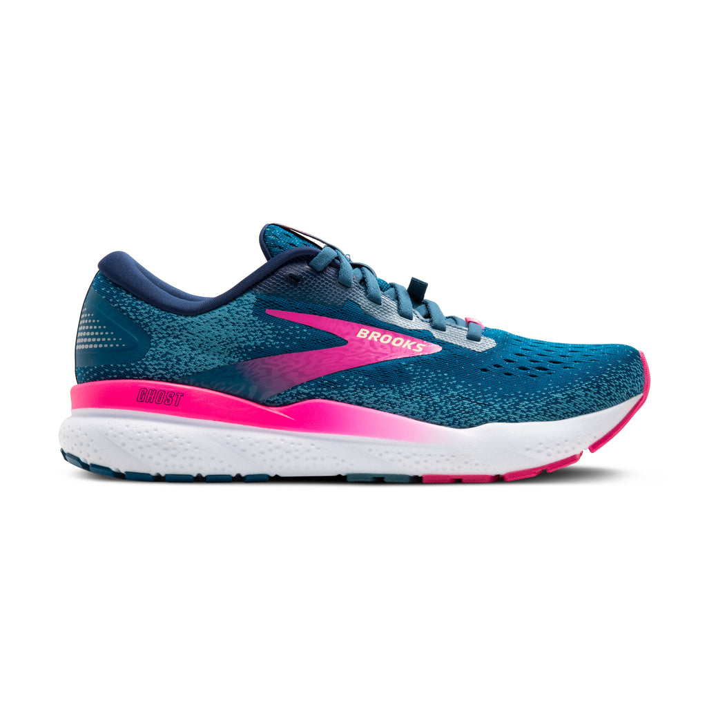 Women's Brooks Ghost 16 GTX. Teal upper. White midsole. Lateral view.