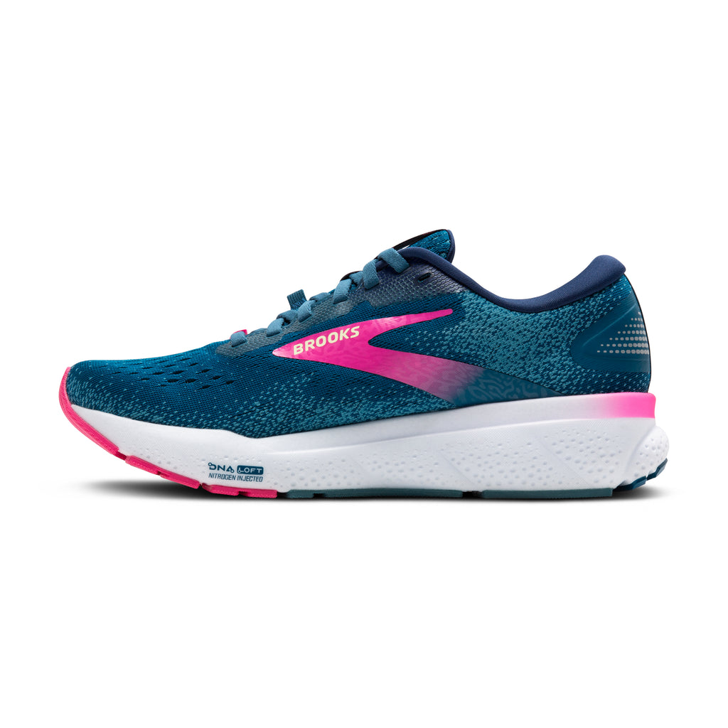 Women's Brooks Ghost 16 GTX. Teal upper. White midsole. Medial view.