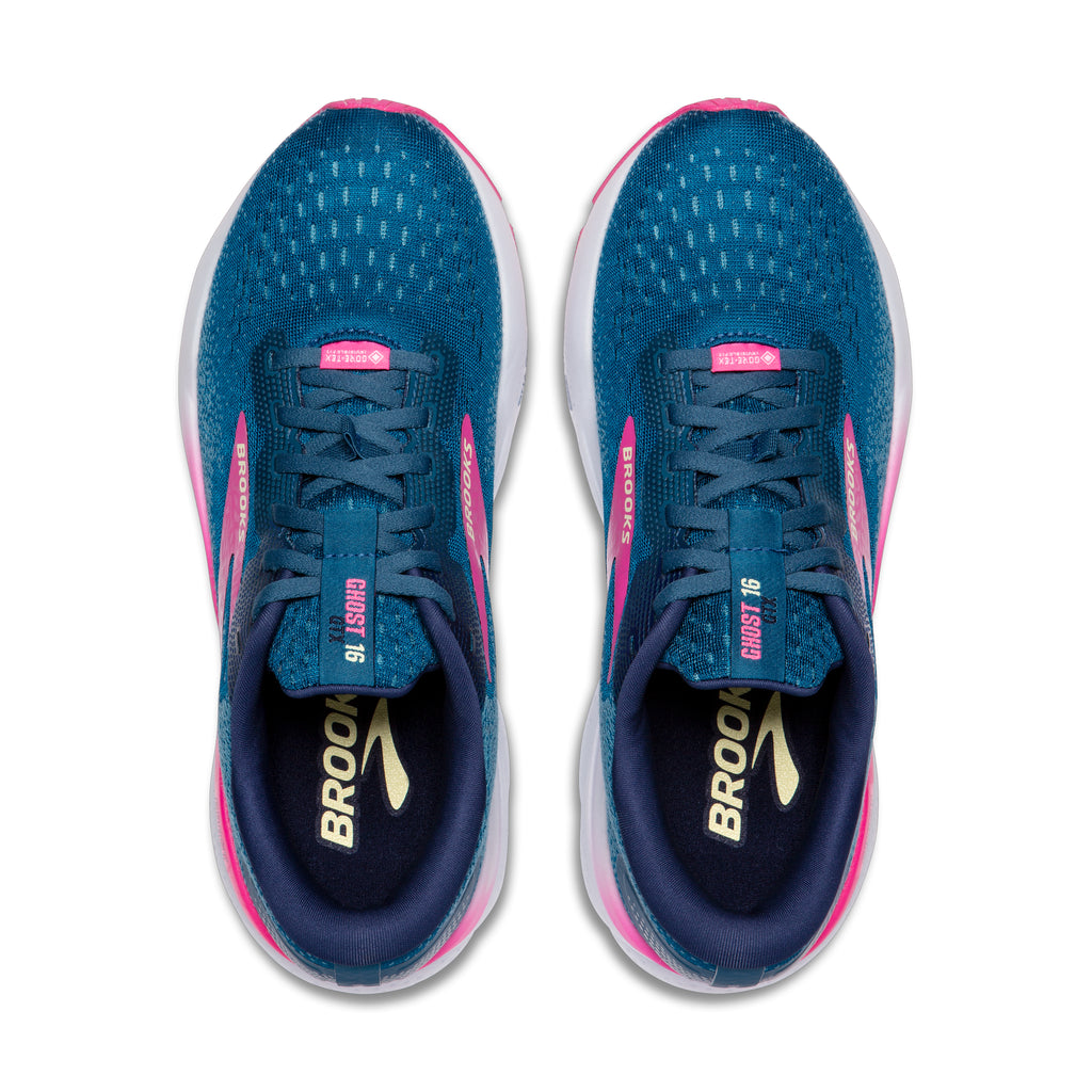 Women's Brooks Ghost 16 GTX. Teal upper. White midsole. Top view.