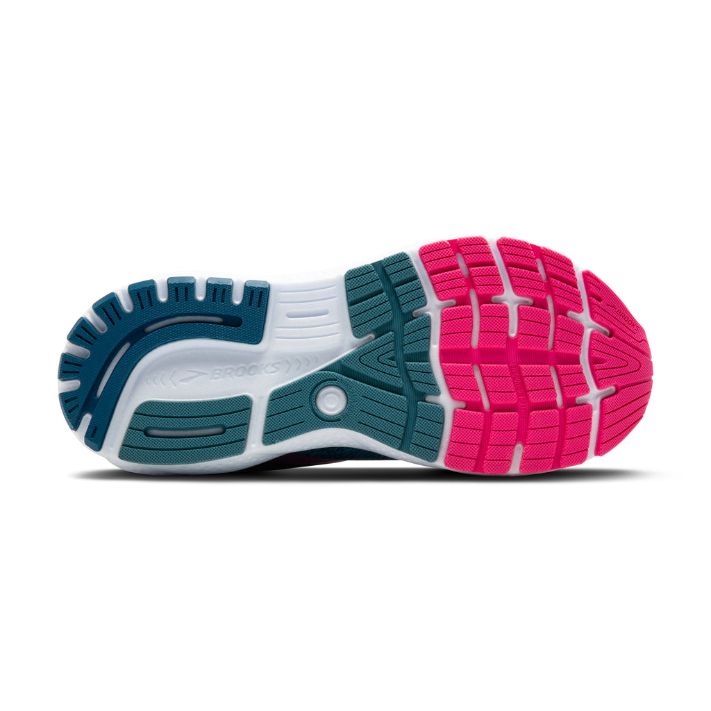 Women's Brooks Ghost 16 GTX. Teal upper. White midsole. Bottom view.