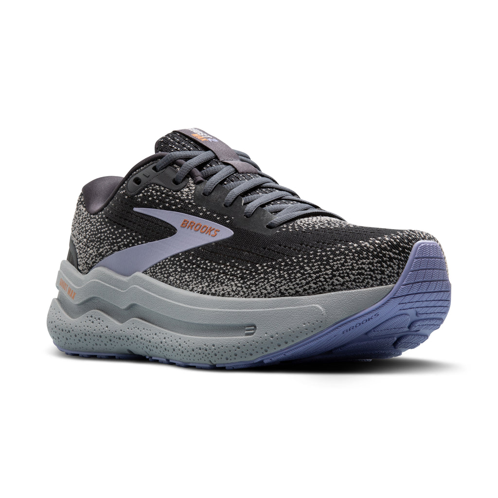 Women's Brooks Ghost Max 2. Black upper. Grey midsole. Lateral view.