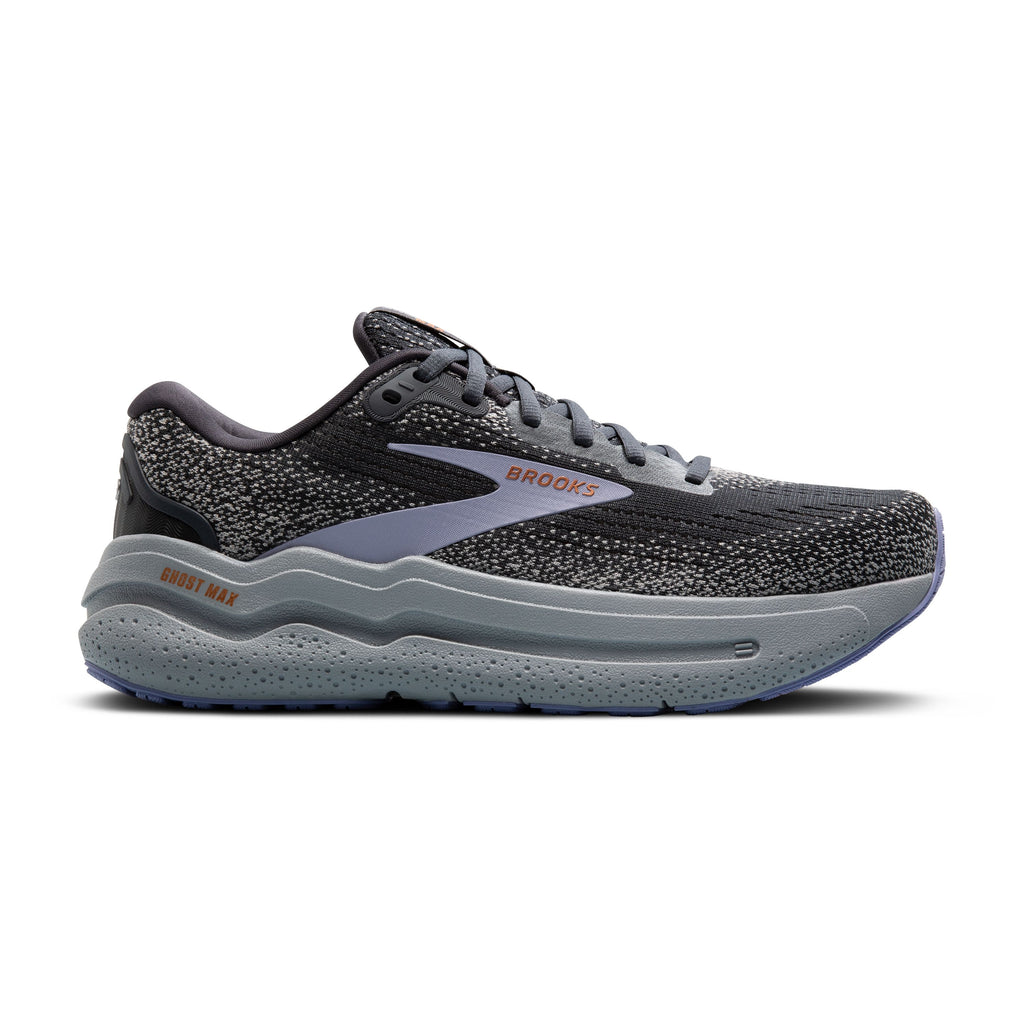 Women's Brooks Ghost Max 2. Black upper. Grey midsole. Lateral view.