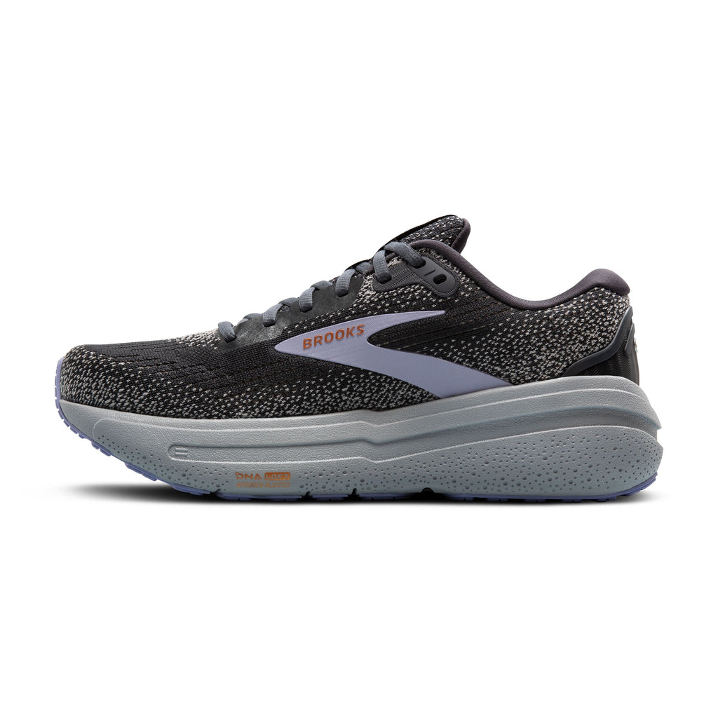 Women's Brooks Ghost Max 2. Black upper. Grey midsole. Medial view.