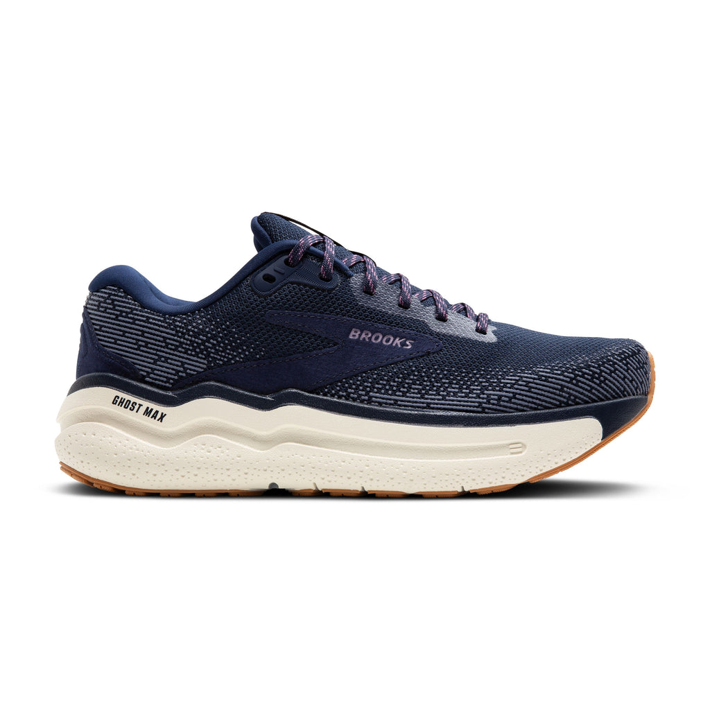 Women's Brooks Ghost Max 2. Navy upper. Off white midsole. Lateral view.