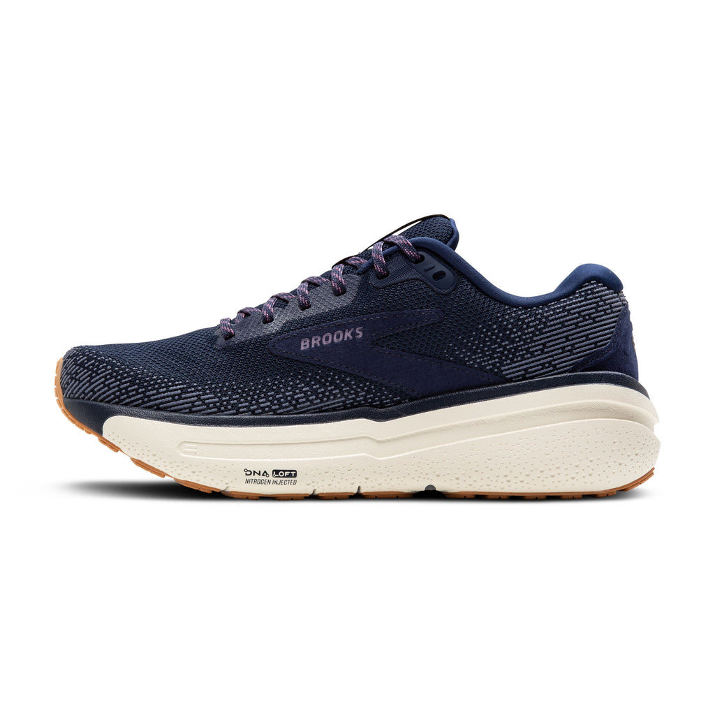 Women's Brooks Ghost Max 2. Navy upper. Off white midsole. Medial view.