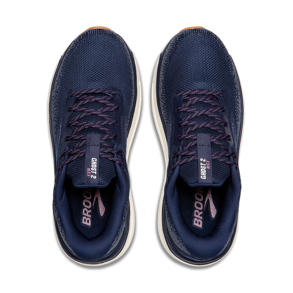 Women's Brooks Ghost Max 2. Navy upper. Off white midsole. Top view.