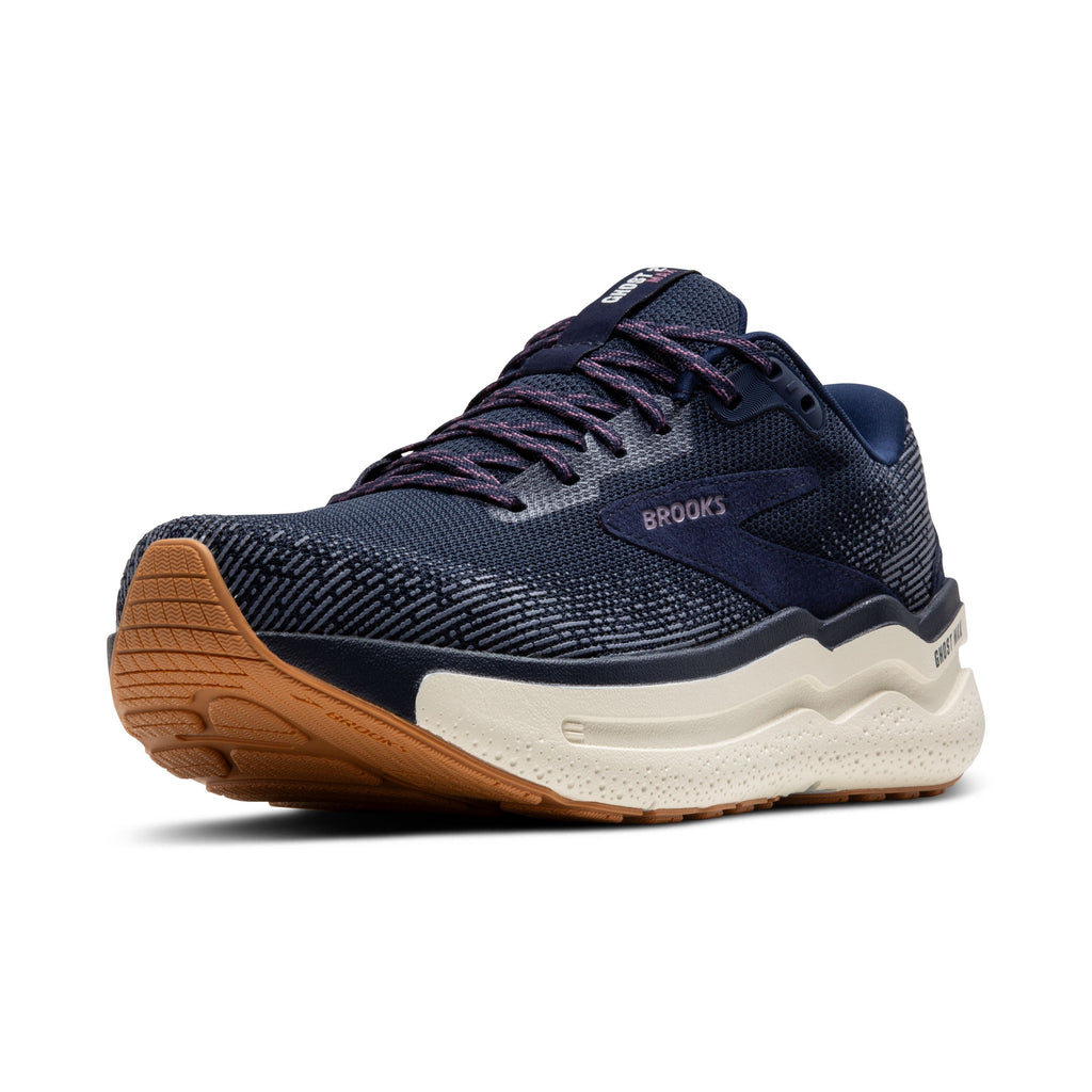 Women's Brooks Ghost Max 2. Navy upper. Off white midsole. Lateral view.