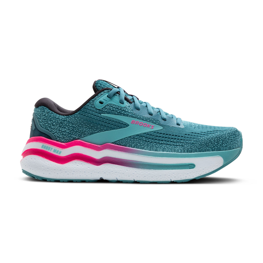 Women's Brooks Ghost Max 2. Aqua upper. White midsole. Lateral view.