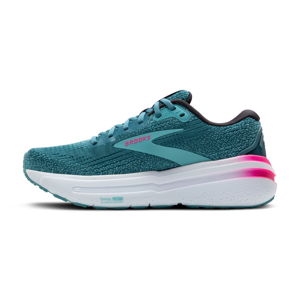 Women's Brooks Ghost Max 2. Aqua upper. White midsole. Medial view.