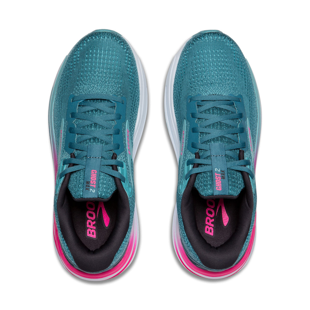 Women's Brooks Ghost Max 2. Aqua upper. White midsole. Top view.