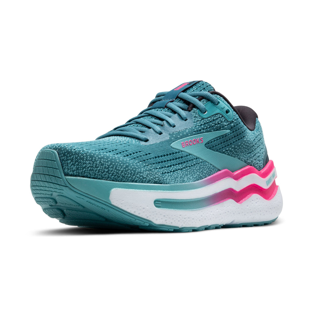 Women's Brooks Ghost Max 2. Aqua upper. White midsole. Lateral view.