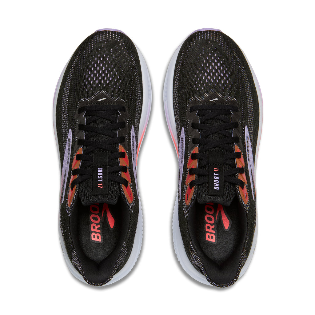 Women's Brooks Ghost 17. Black upper. White midsole. Top view.