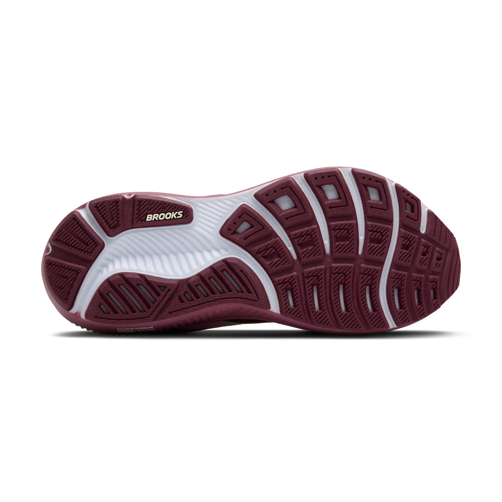 Women's Brooks Ghost 17. Dark Red upper. Dark Red midsole. Bottom view.