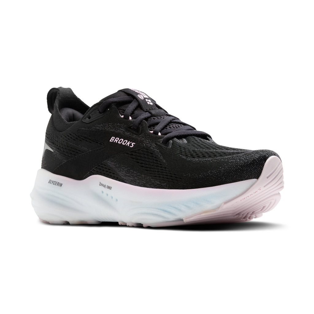 Women's Brooks Glycerin 22. Black upper. White midsole. Lateral view.