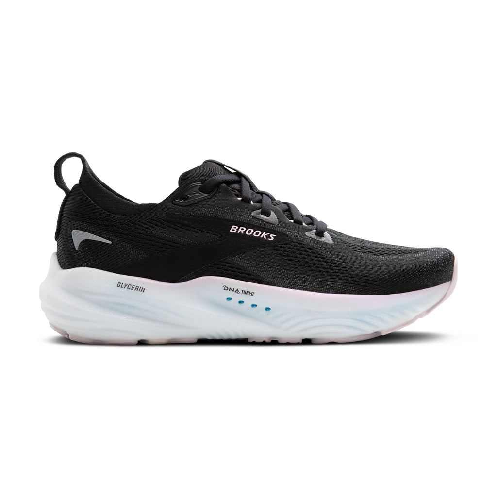 Women's Brooks Glycerin 22. Black upper. White midsole. Lateral view.