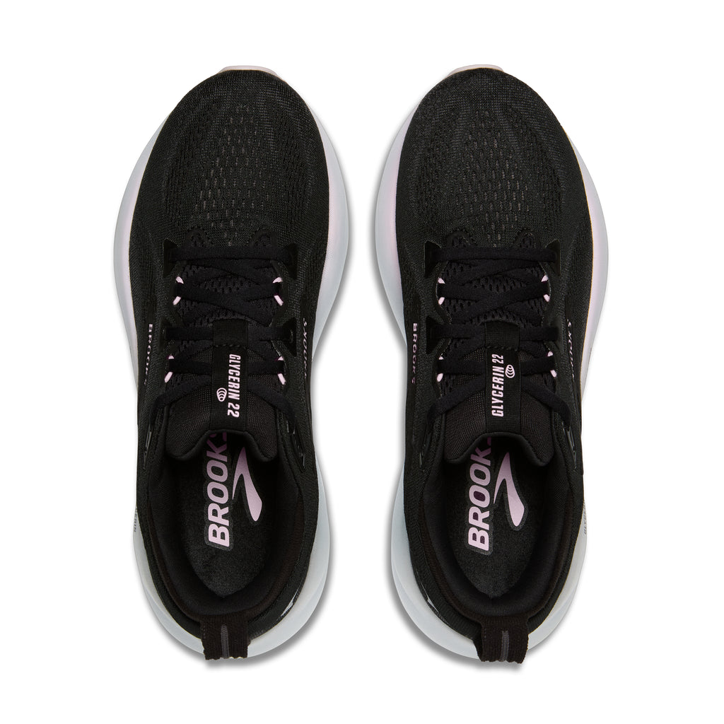 Women's Brooks Glycerin 22. Black upper. White midsole. Top view.