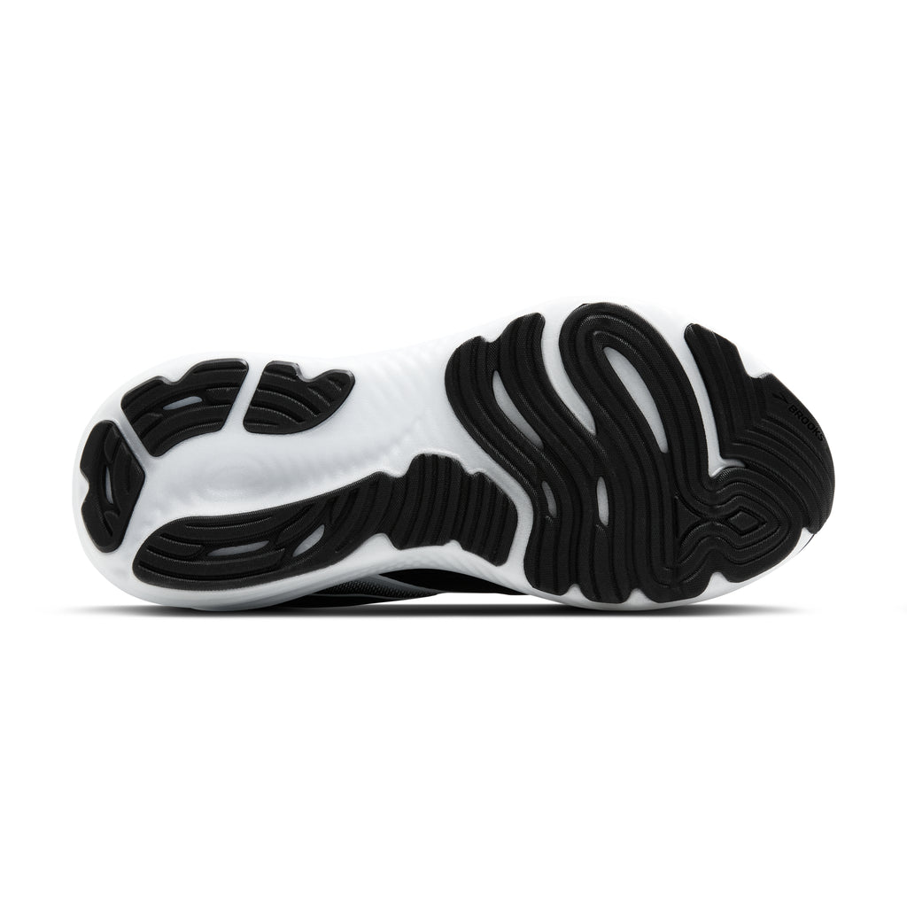 Women's Brooks Glycerin 22. Black upper. White midsole. Bottom view.
