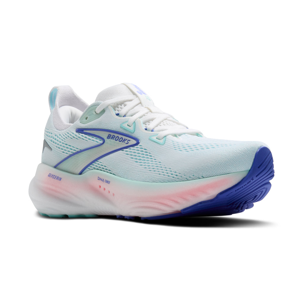 Women's Brooks Glycerin 22. Light Blue upper. Light Pink midsole. Lateral view.