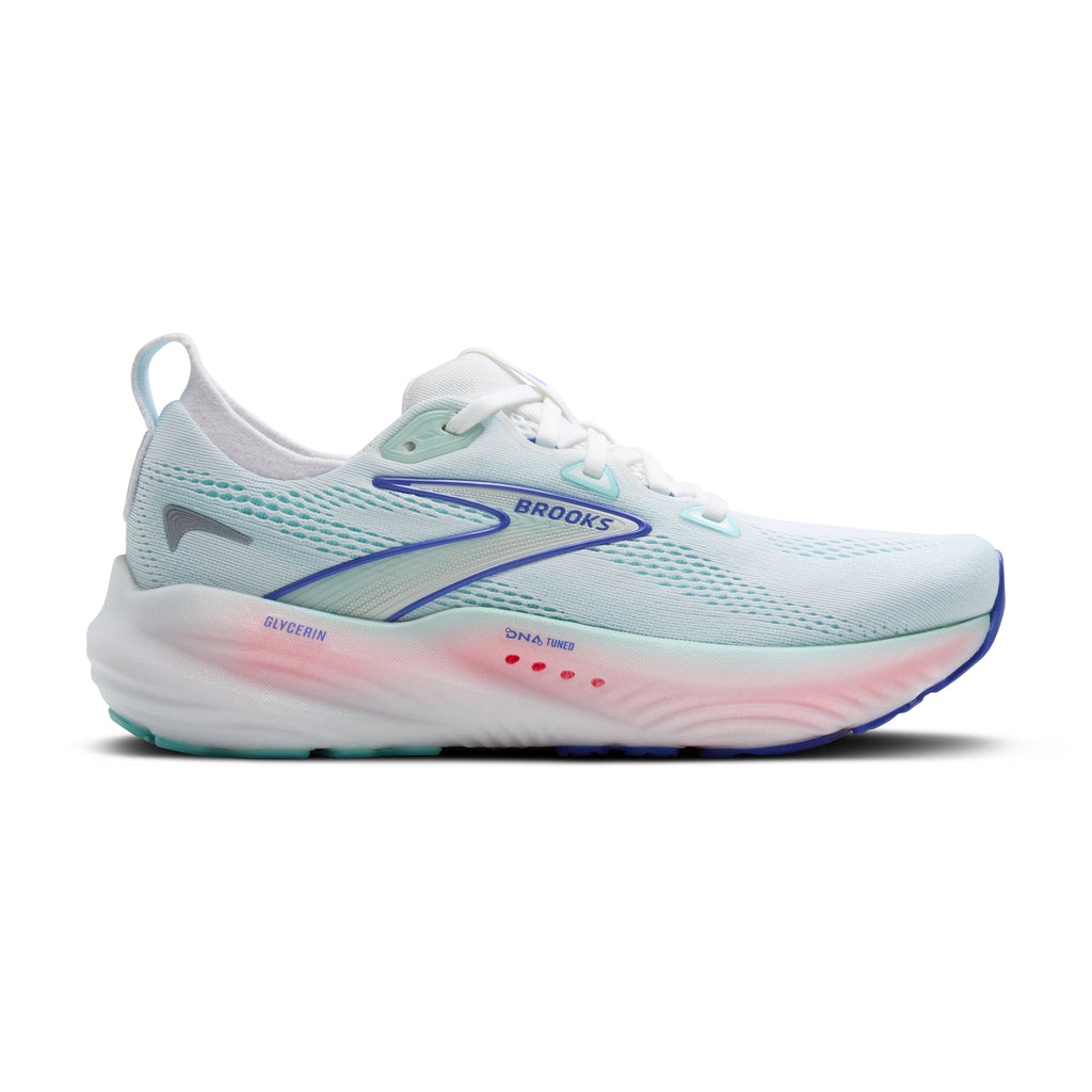 Women's Brooks Glycerin 22. Light Blue upper. Light Pink midsole. Lateral view.