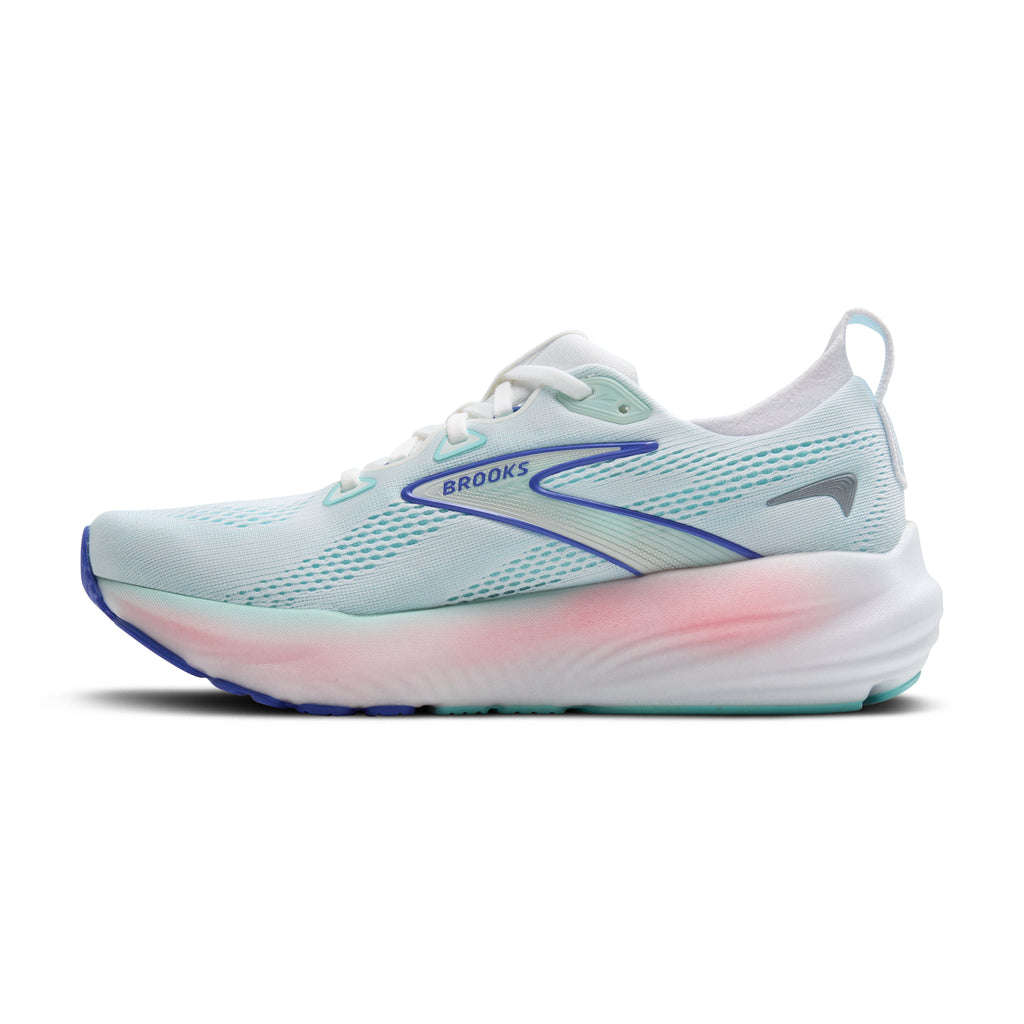 Women's Brooks Glycerin 22. Light Blue upper. Light Pink midsole. Medial view.