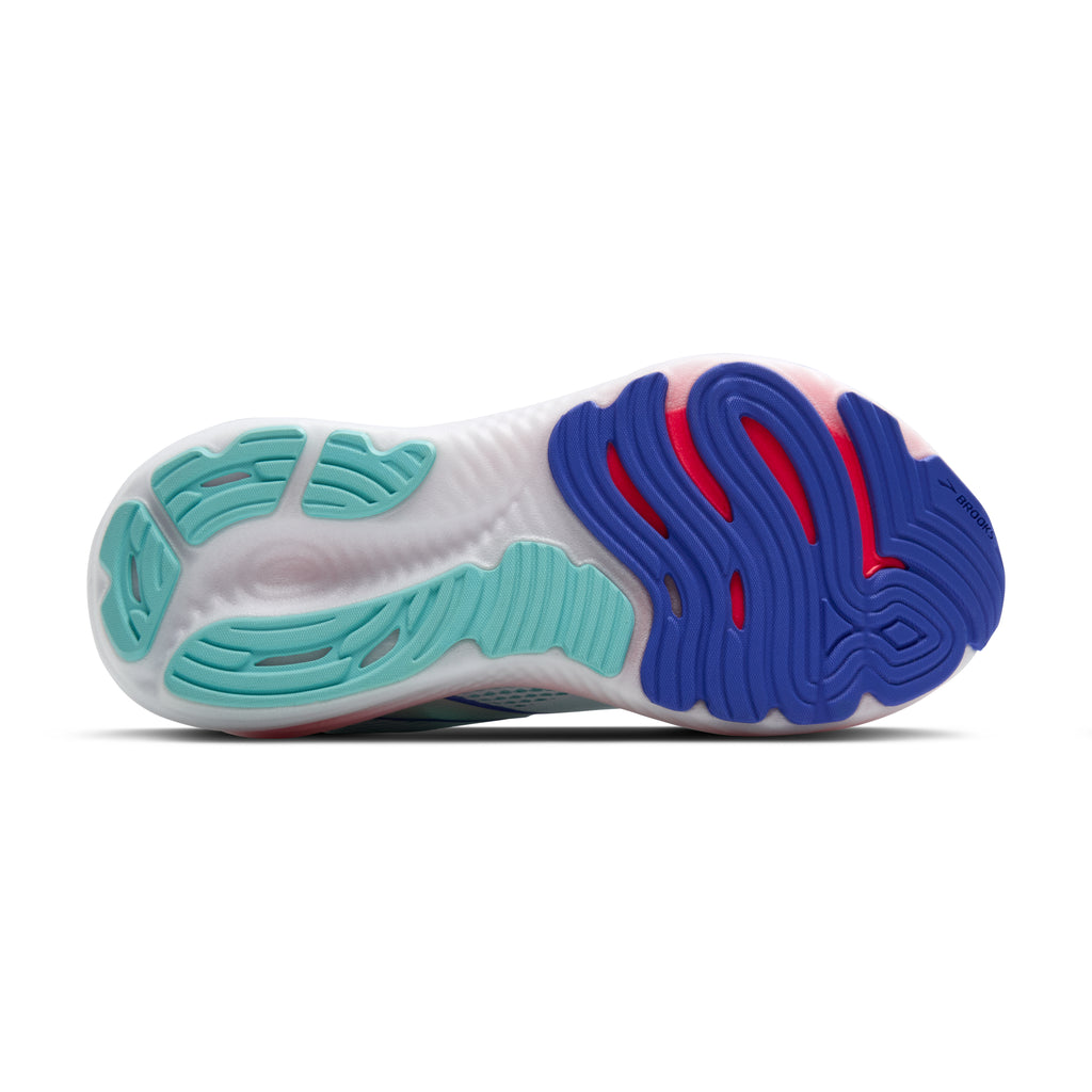 Women's Brooks Glycerin 22. Light Blue upper. Light Pink midsole. Bottom view.