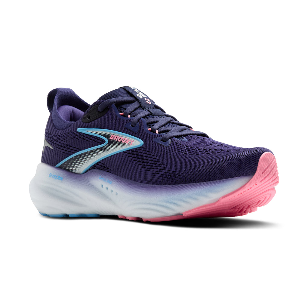 Women's Brooks Glycerin 22. Blue upper. White midsole. Lateral view.