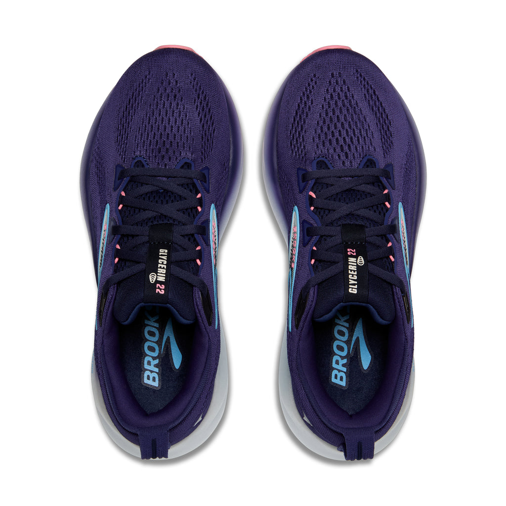 Women's Brooks Glycerin 22. Blue upper. White midsole. Top view.