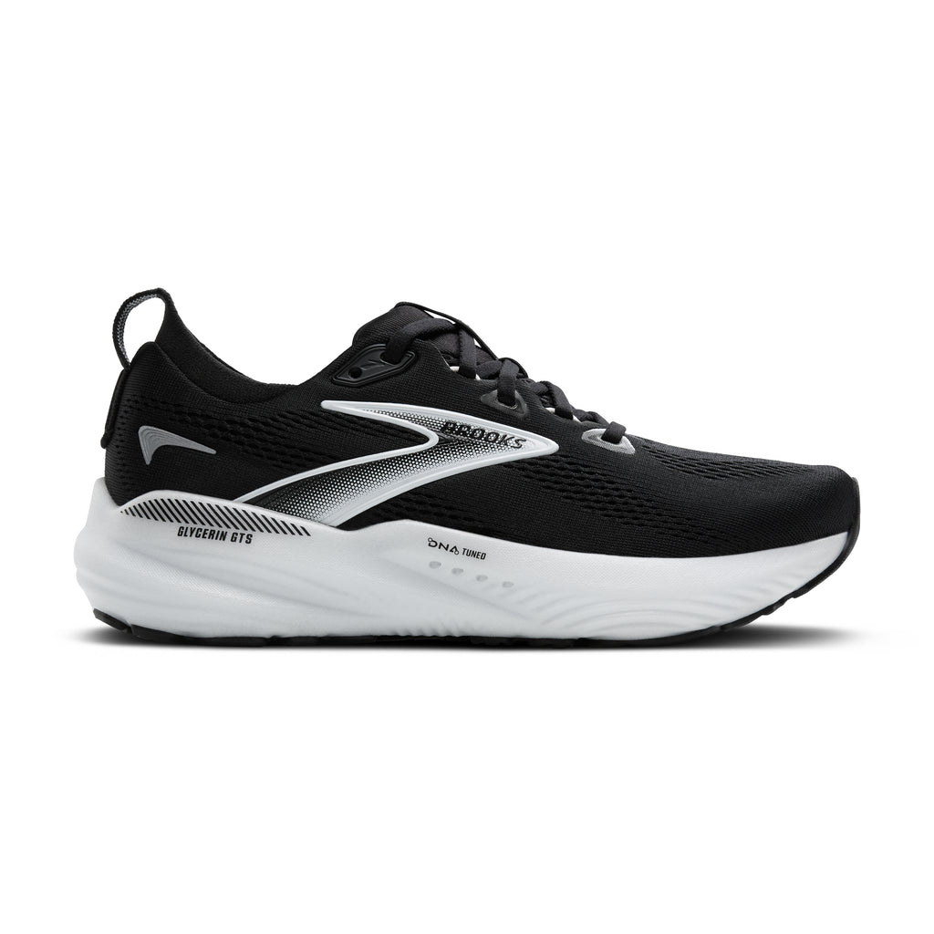 Women's Brooks Glycerin GTS 22. Black upper. White midsole. Lateral view.