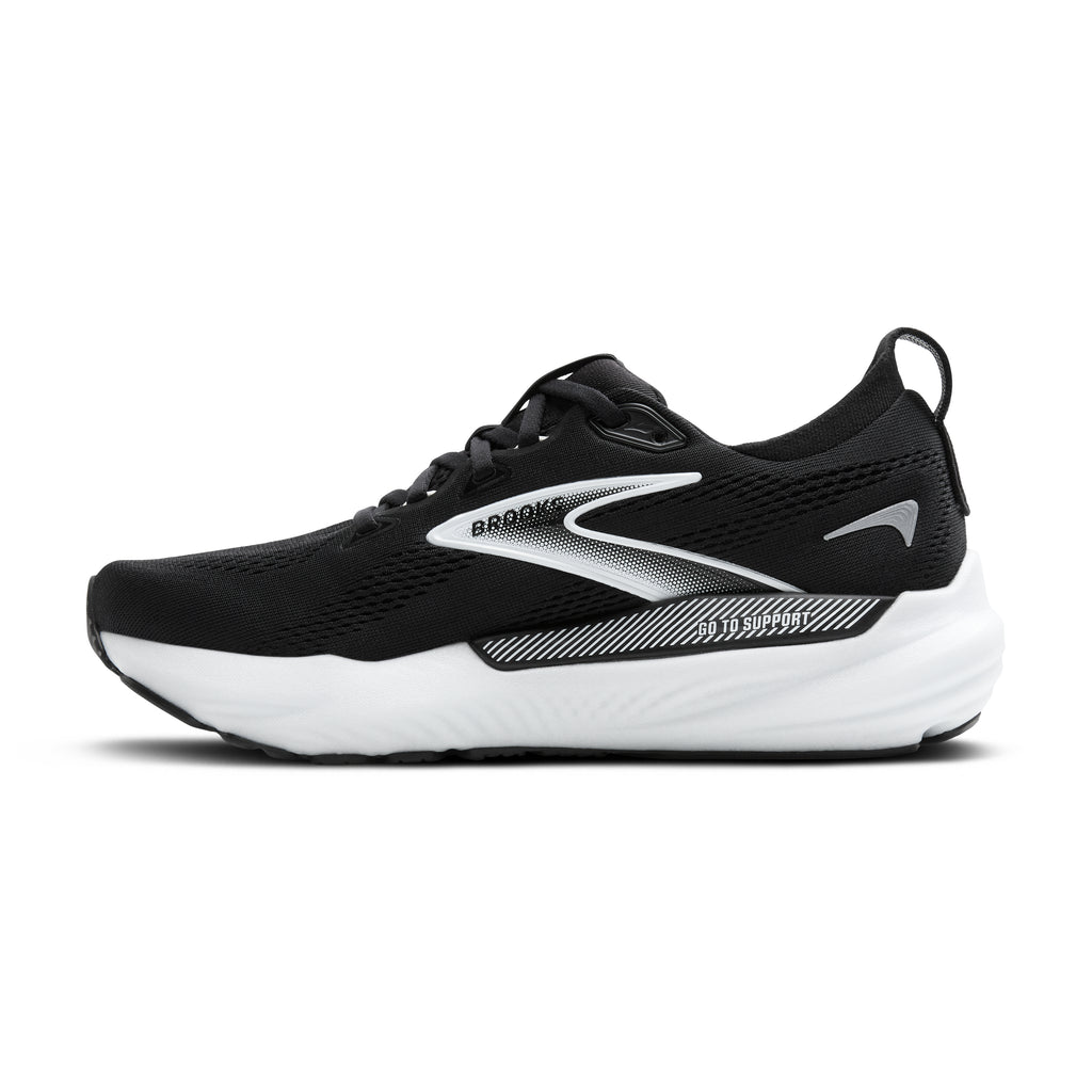 Women's Brooks Glycerin GTS 22. Black upper. White midsole. Medial view.