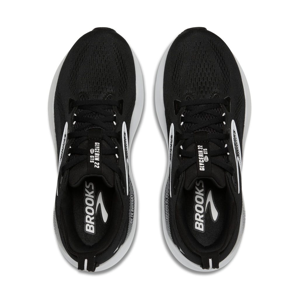 Women's Brooks Glycerin GTS 22. Black upper. White midsole. Top view.