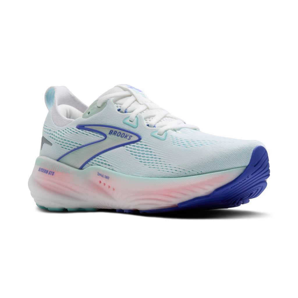 Women's Brooks Glycerin GTS 22. Light Blue upper. Light Pink midsole. Lateral view.