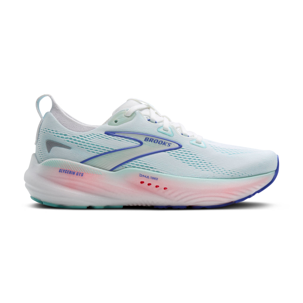 Women's Brooks Glycerin GTS 22. Light Blue upper. Light Pink midsole. Lateral view.