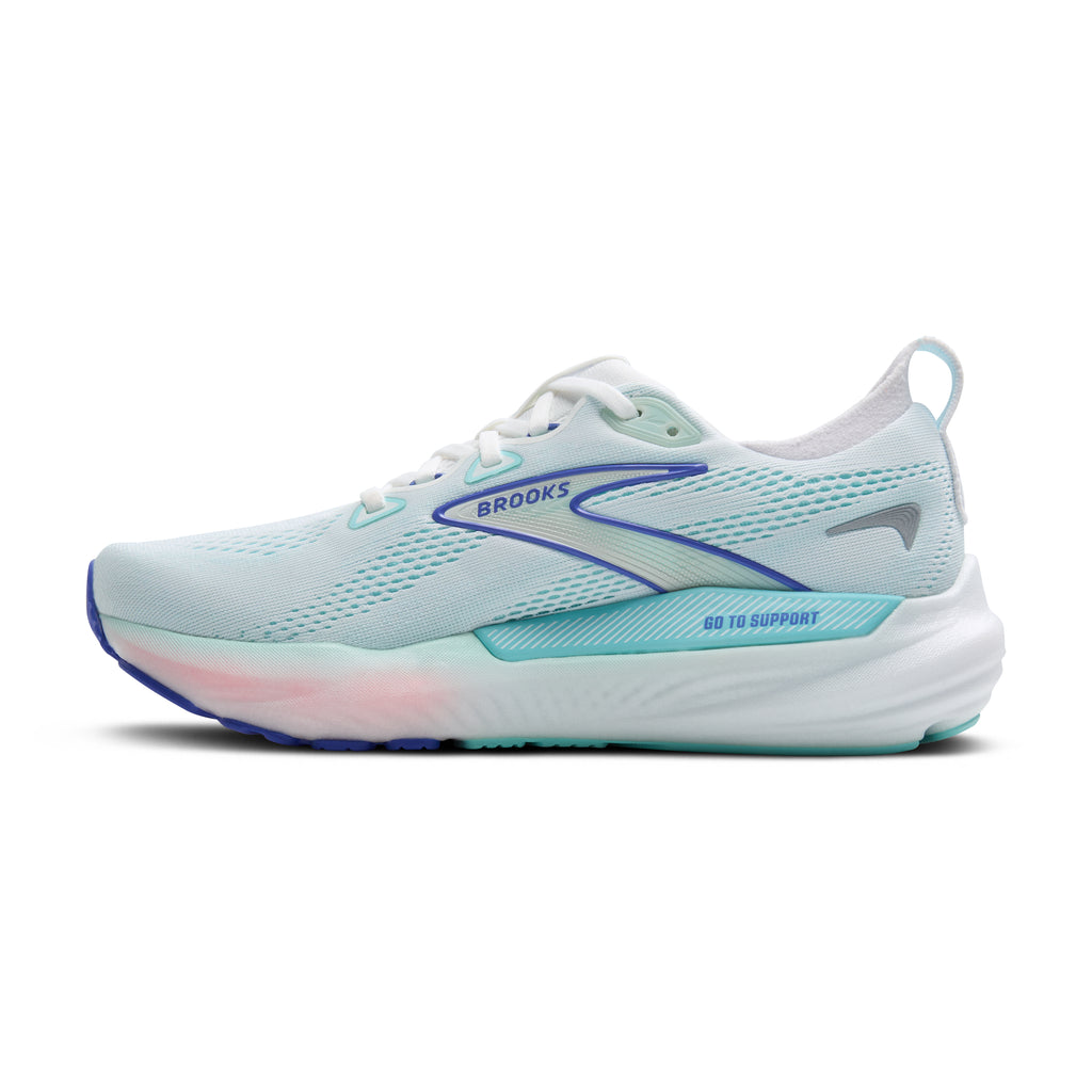 Women's Brooks Glycerin GTS 22. Light Blue upper. Light Pink midsole. Medial view.