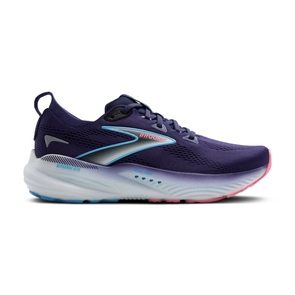 Women's Brooks Glycerin GTS 22. Blue upper. White midsole. Lateral view.