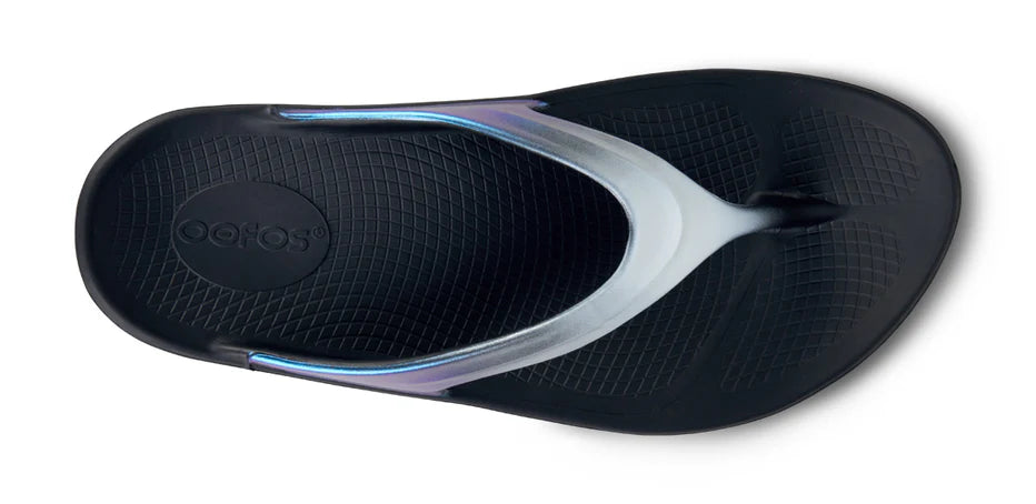 Oofos Oolala Luxe Sandal. Light Blue/Black. Top view.