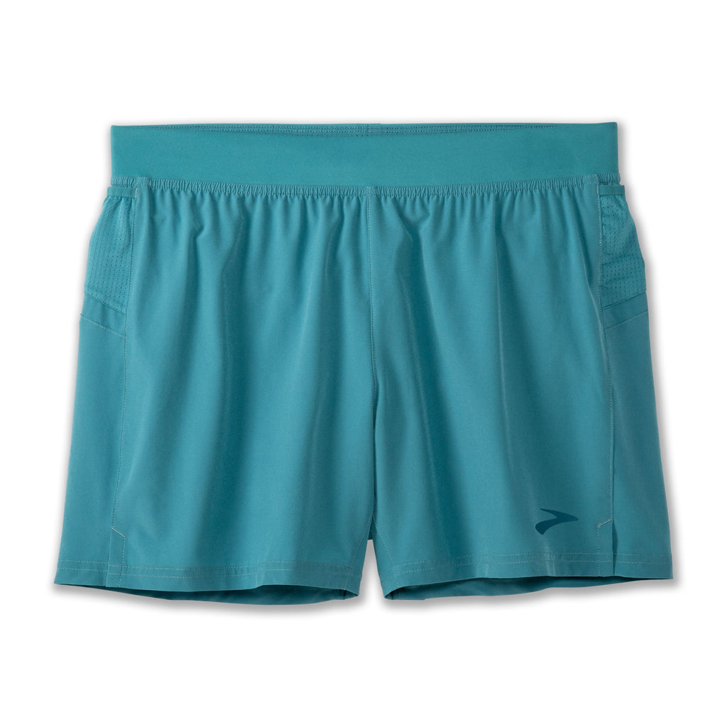 Men's Brooks Sherpa 5" Shorts. Blue/Green. Front view.