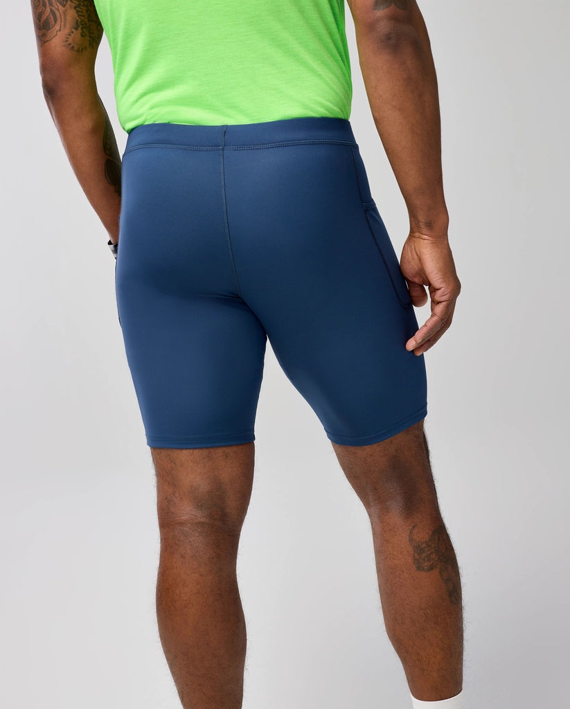 Men's Brooks Source Tights. Blue/Grey. Rear view.