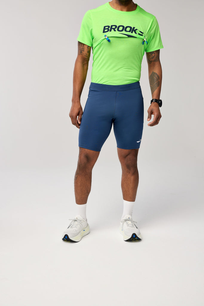 Men's Brooks Source Tights. Blue/Grey. Front view.