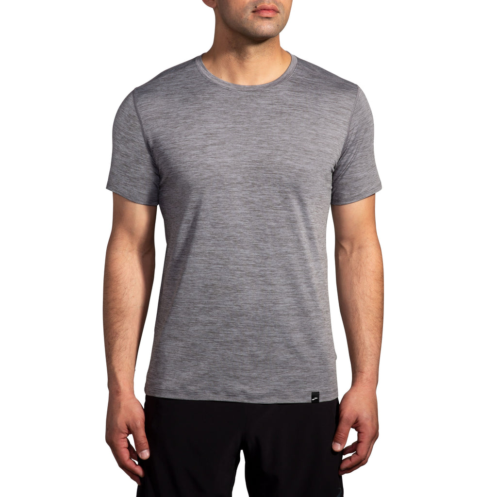 Men's Brooks Luxe Short Sleeve. Grey. Front view.