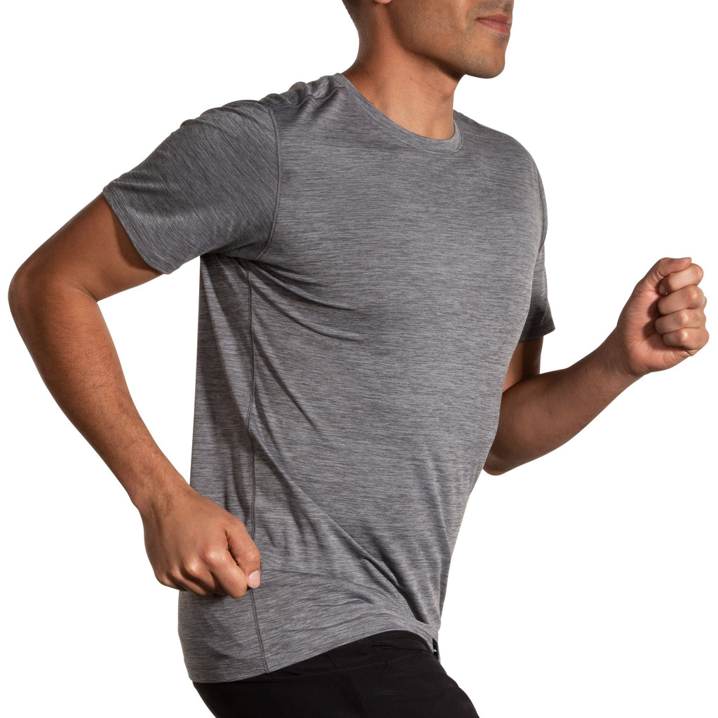 Men's Brooks Luxe Short Sleeve. Grey. Lateral view.