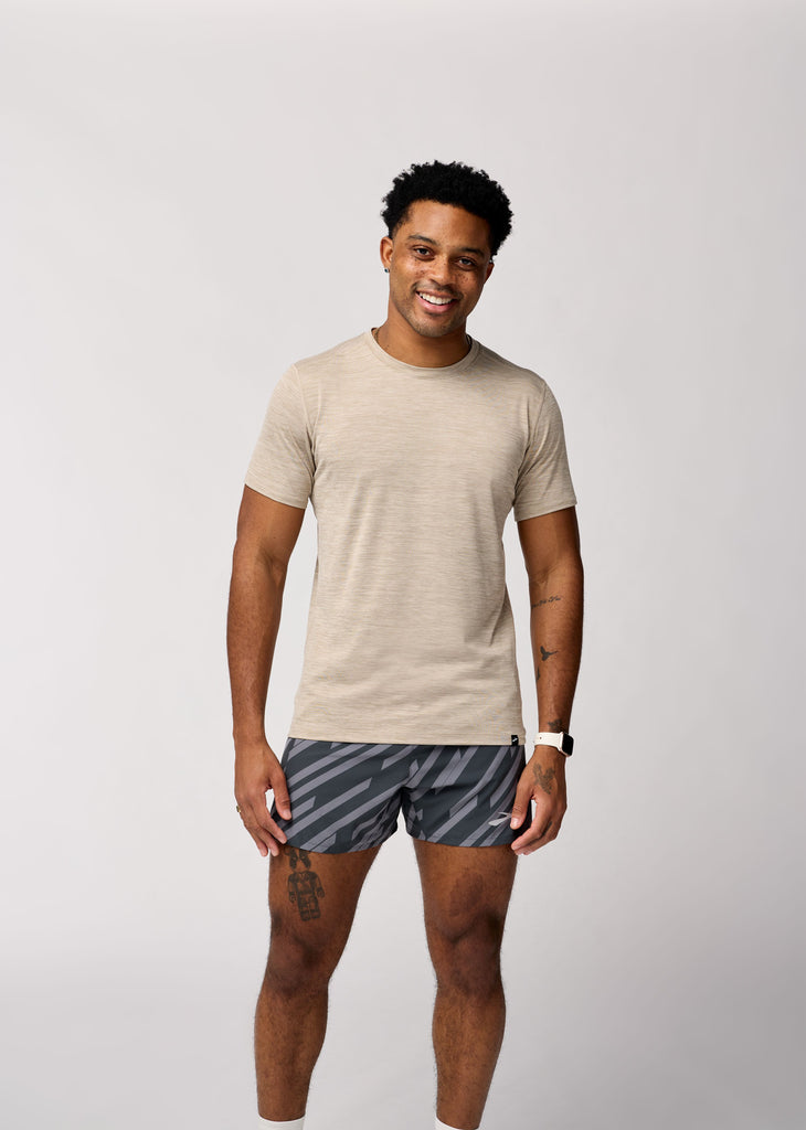 Men's Brooks Luxe Short Sleeve. Tan. Front view.