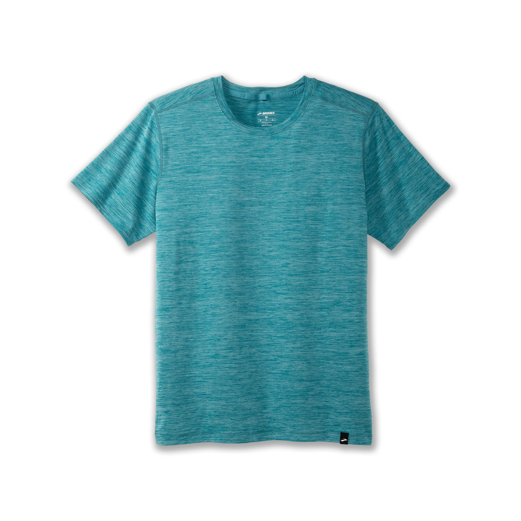 Men's Brooks Luxe Short Sleeve. Blue/Green. Front view.