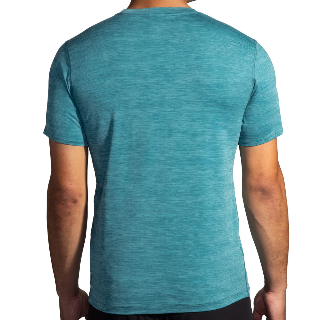 Men's Brooks Luxe Short Sleeve. Blue/Green. Rear view.