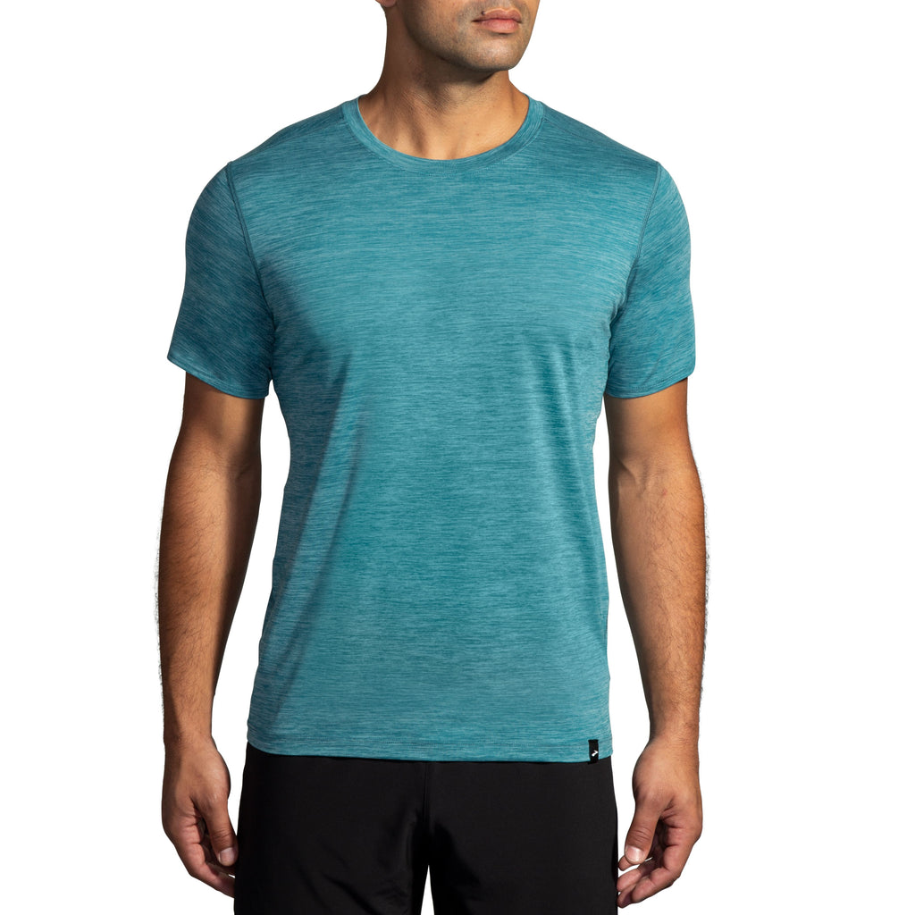 Men's Brooks Luxe Short Sleeve. Blue/Green. Front view.