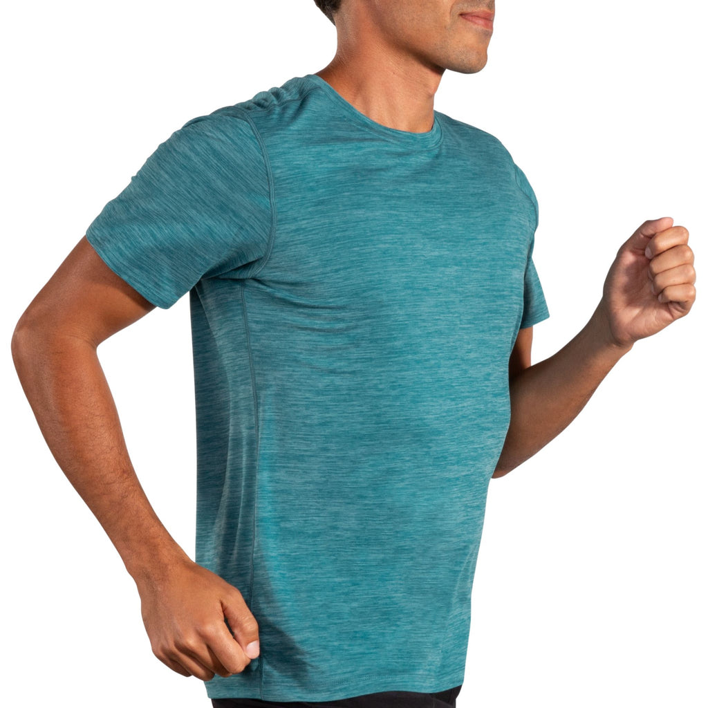 Men's Brooks Luxe Short Sleeve. Blue/Green. Lateral view.